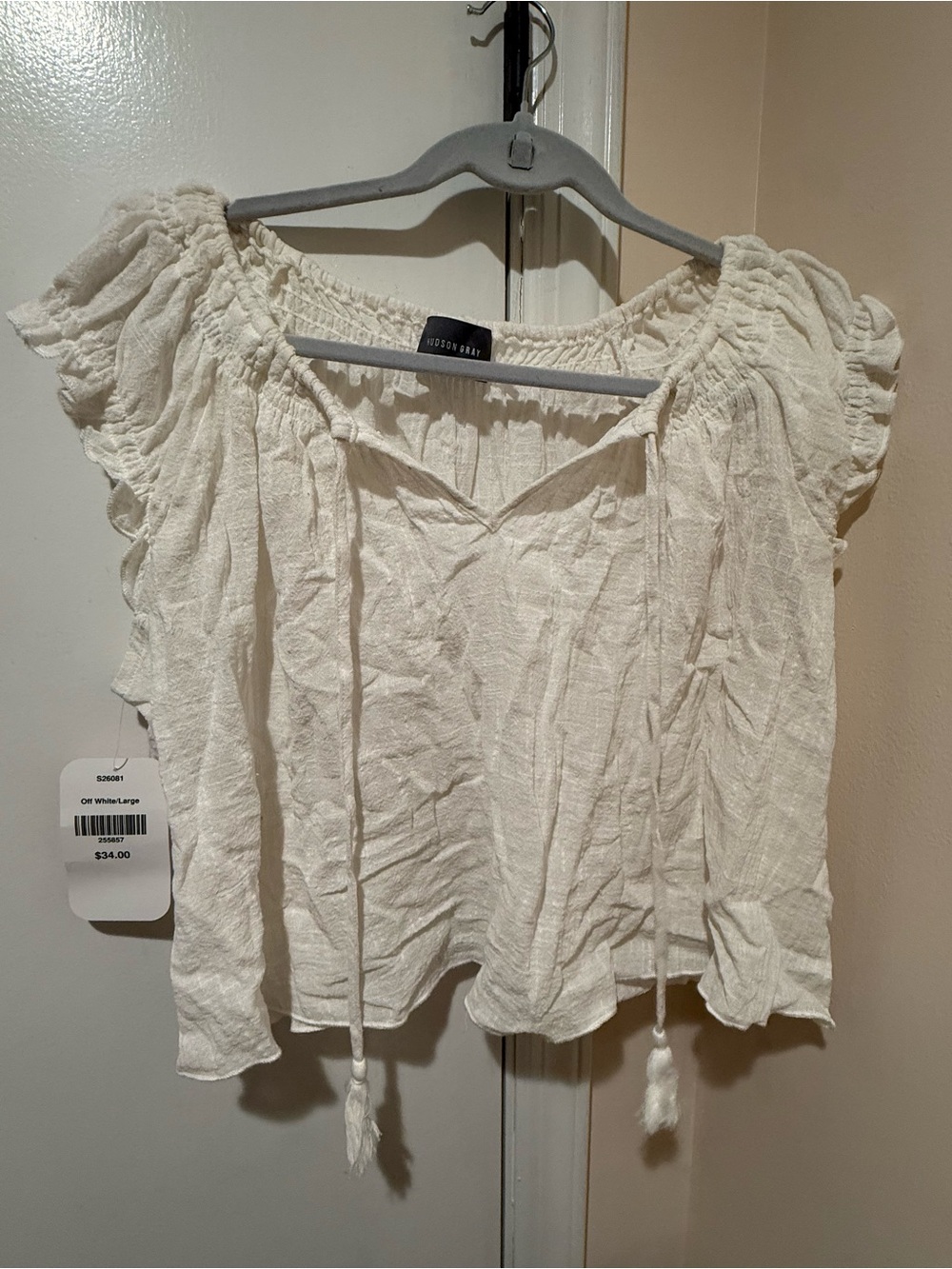 White Tie-Front Cropped Peasant blouse